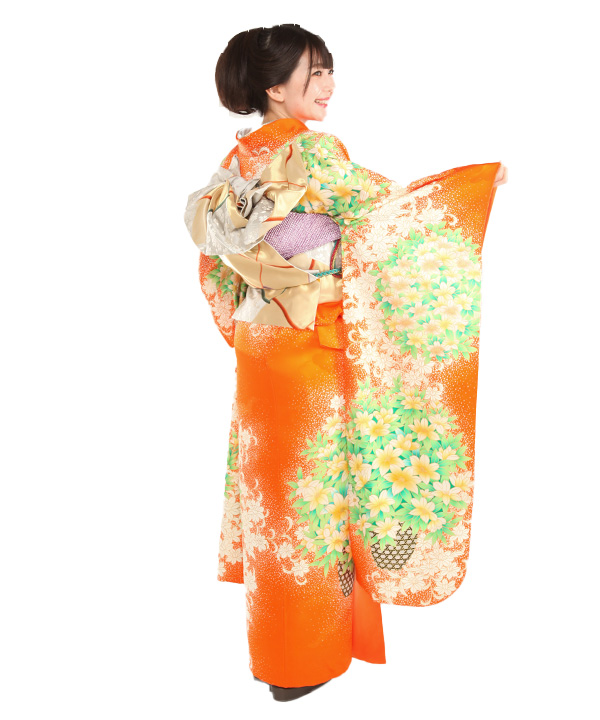 LULU70 着物 振袖 晴れの日 オレンジ系 花柄 振袖 レンタル 成人式 21点セット レトロ 成人式セット 花 正絹