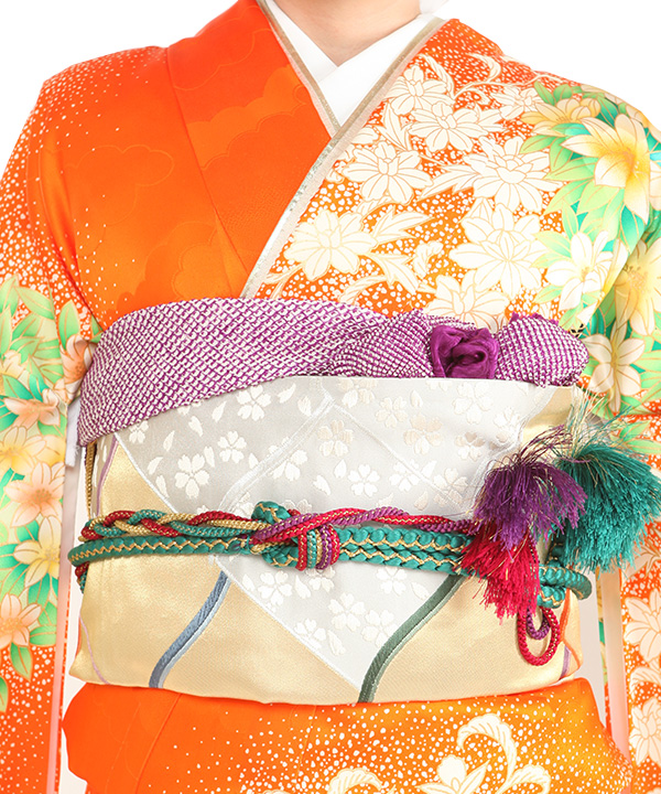 振袖レンタル｜オレンジに百合｜F0443｜L｜宅配着物レンタル・一式フル