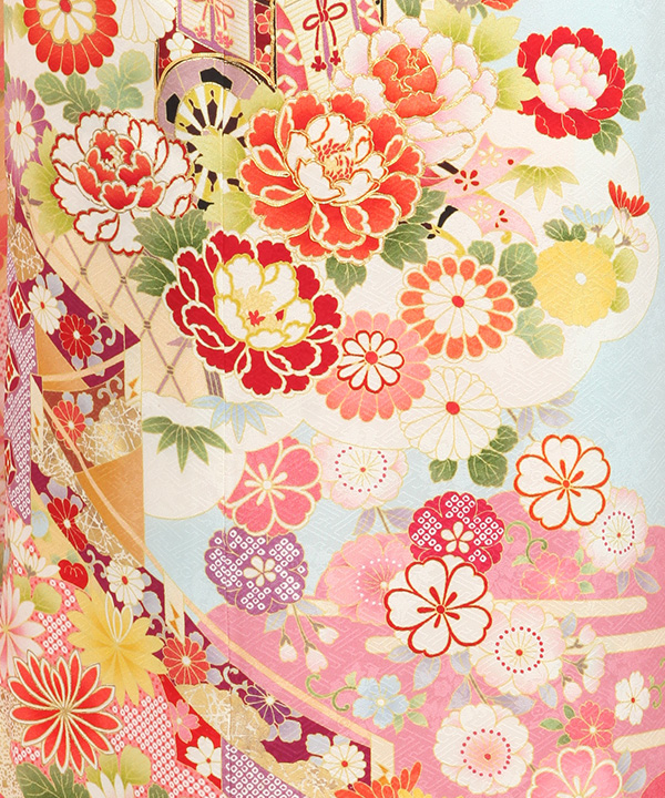 振袖襦袢　刺繍　桜花模様　梅花　御所車　着物　052a p 振袖レンタル｜水色に御所車 雲取り 刺繍半衿付き長襦袢付き