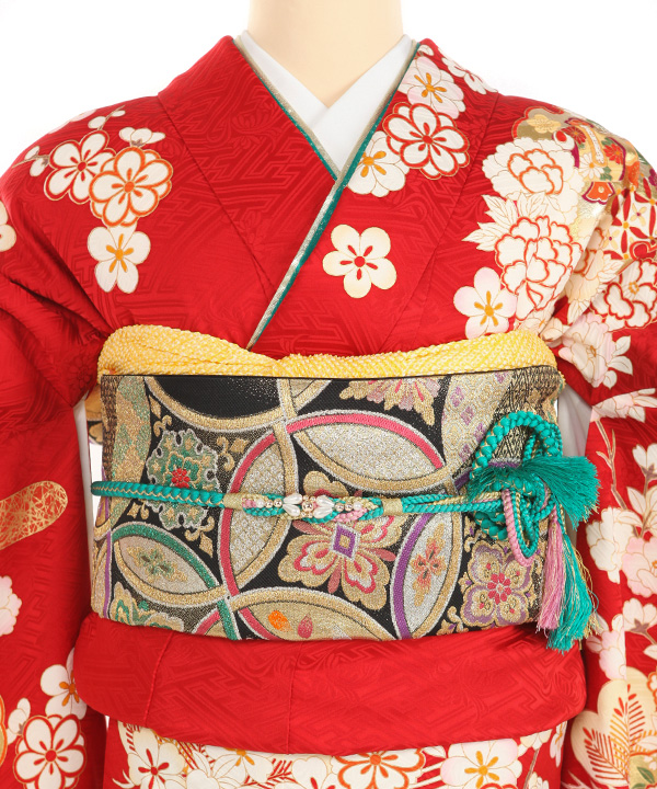 【Q4042】Ｓビッグサイズお仕立て上がり正絹振袖　赤地に花、貝桶模様　綸子生地 Q4042】Sビッグサイズお仕立て上がり正絹振袖 赤地に花、貝桶