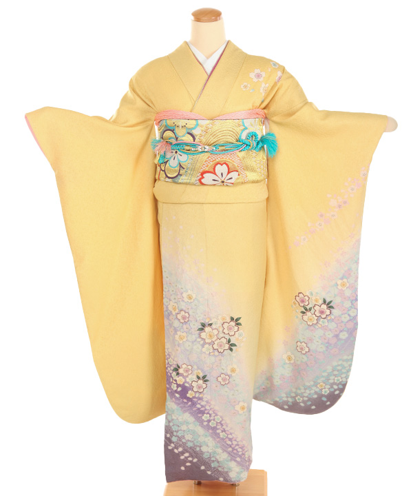 振袖（黄色ラメ) 振袖レンタル 振袖LLサイズ 桜模様 黄色｜着物レンタル 安心フル