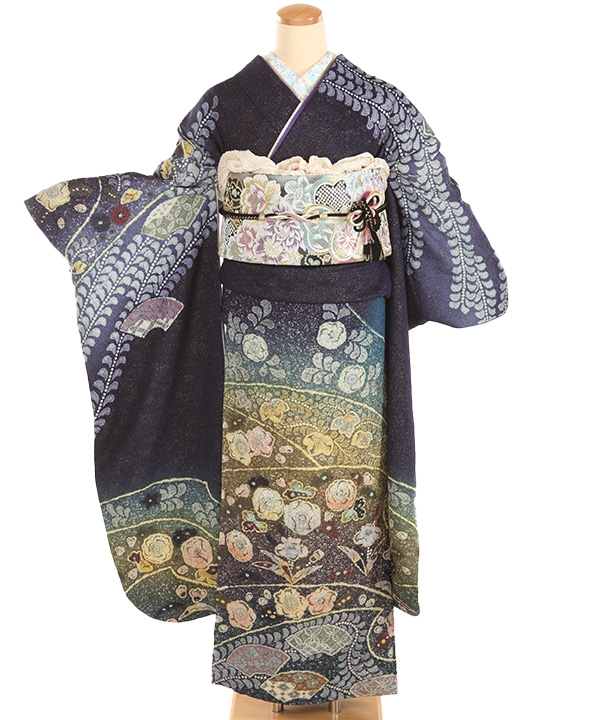 振袖レンタル｜紺に辻が花 刺繍半衿付き長襦袢付き