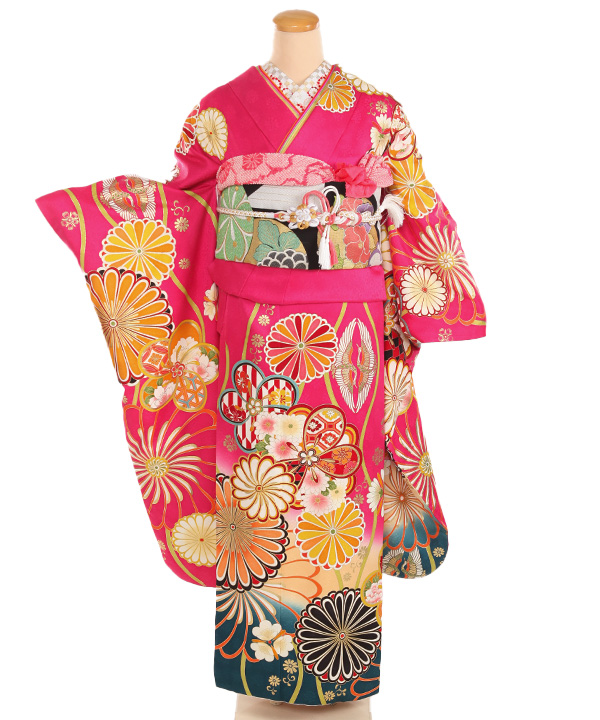 振袖レンタル｜ピンクに菊 向鶴 刺繍半衿付き長襦袢付き