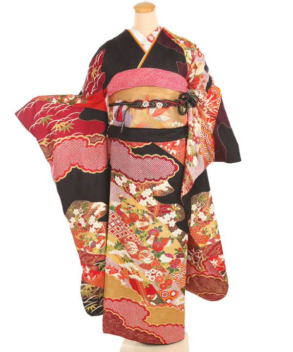 振袖レンタル｜黒に熨斗 四季草花 刺繍半衿付き長襦袢付き
