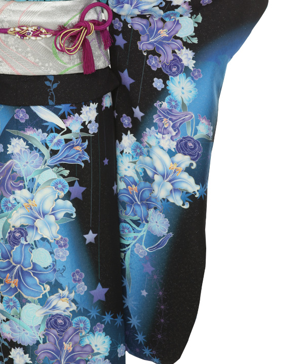 振袖レンタル｜黒に百合｜F0467｜LL｜宅配着物レンタル・一式フル