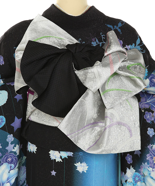 振袖レンタル｜黒に百合｜F0467｜LL｜宅配着物レンタル・一式フル