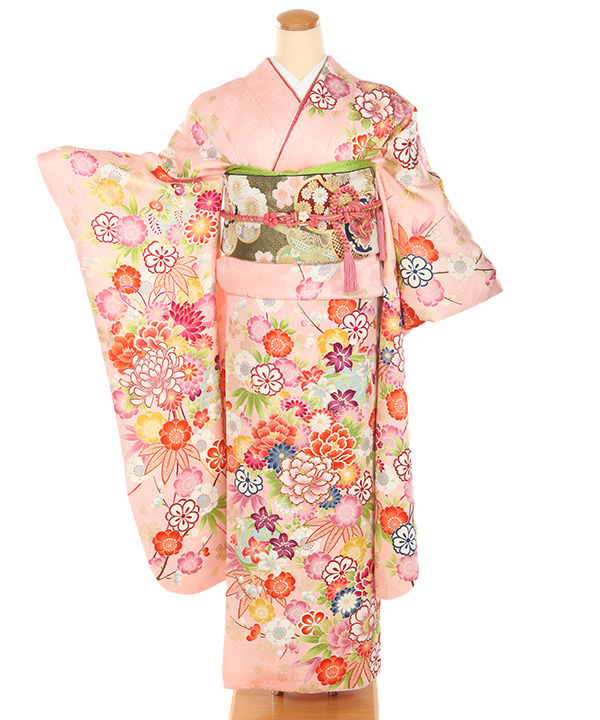 振袖レンタル｜ピンクに四季草花 薬玉