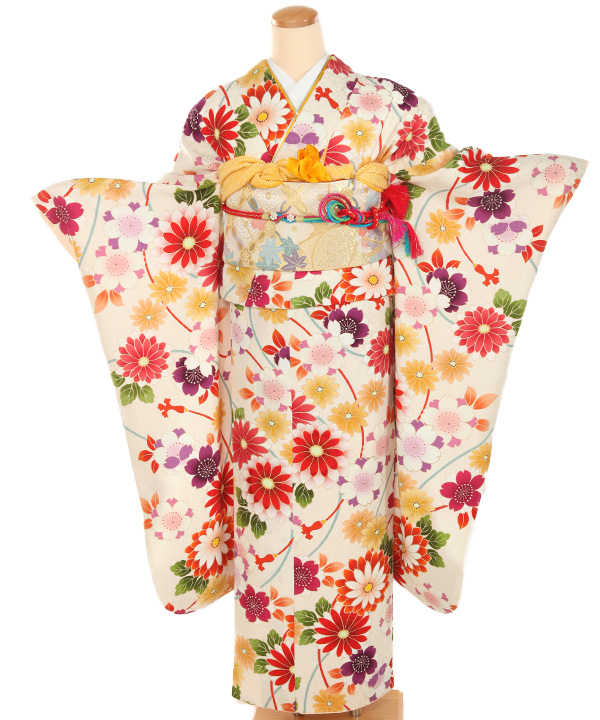 振袖レンタル｜オフホワイトに菊桜｜F0471｜LL｜宅配着物レンタル