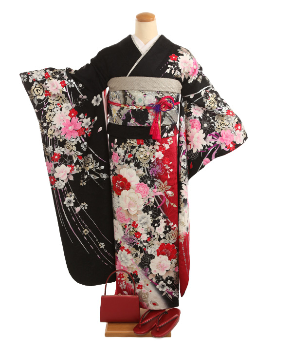 振袖レンタル｜黒に赤ぼかし 百花繚乱