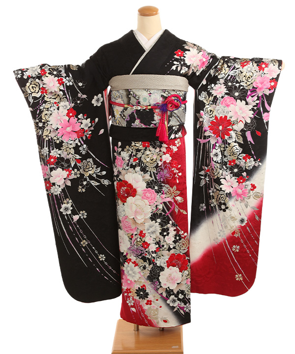 振袖レンタル｜黒に赤ぼかし 百花繚乱