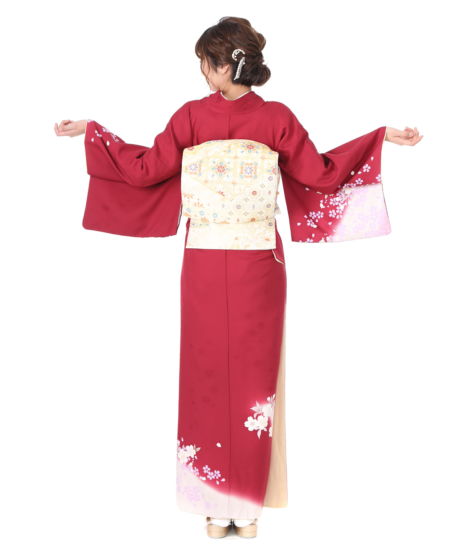 訪問着レンタル｜赤にグラデーション桜｜H0011｜L｜宅配着物