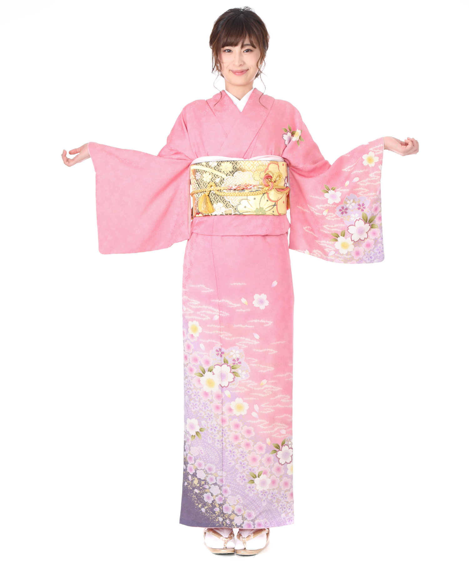 訪問着レンタル｜ピンク地に桜の花筏｜H0015｜M｜宅配着物レンタル