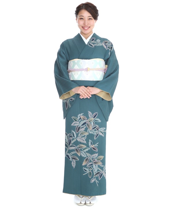 訪問着レンタル｜緑地に絞り南天｜H0025｜L｜宅配着物レンタル｜きもの