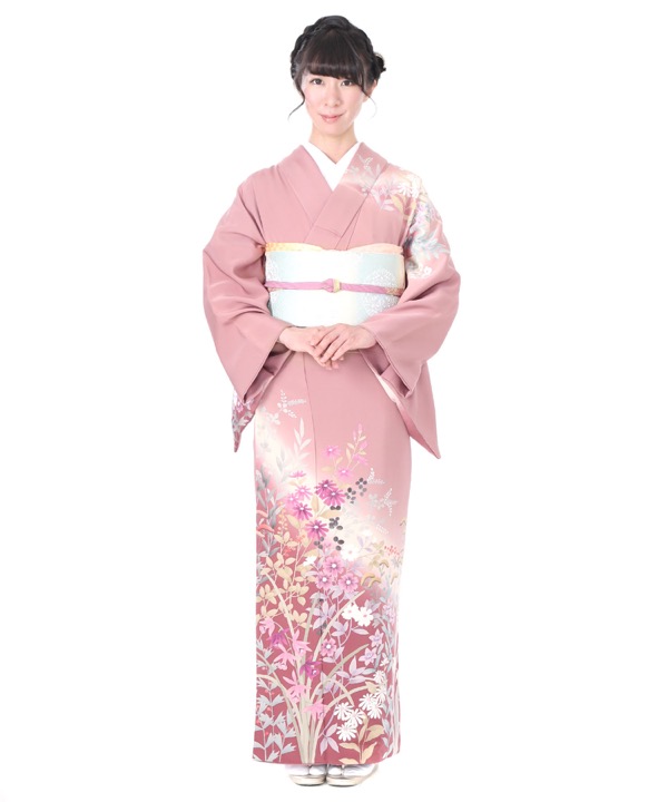 訪問着レンタル 濃いめのピンク地にぼかし秋桜と竜胆 H0034 L 宅配着物レンタル きものレンタリエ