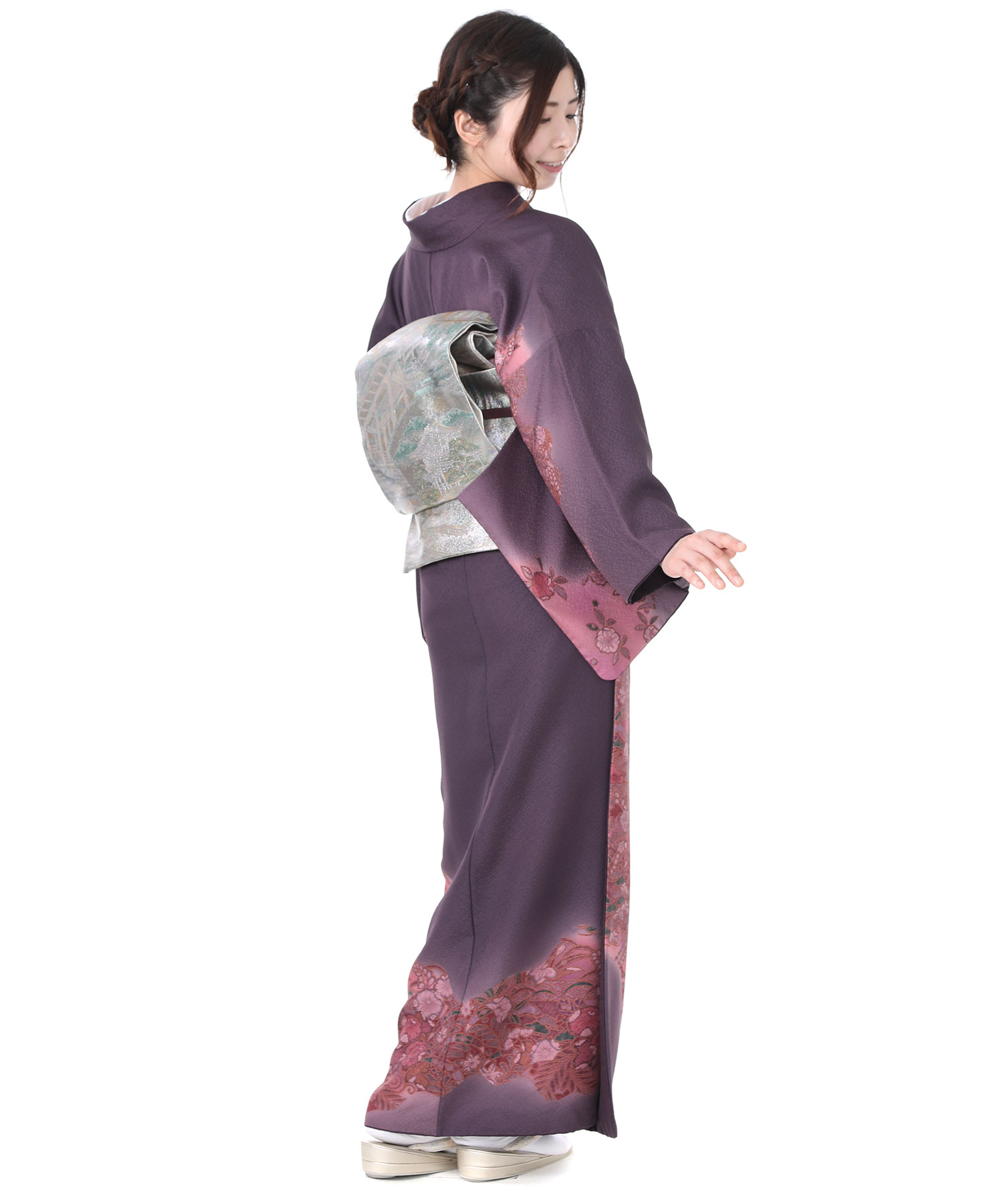 訪問着レンタル｜ダークパープルにぼかし四季草花｜H0035｜M｜宅配着物