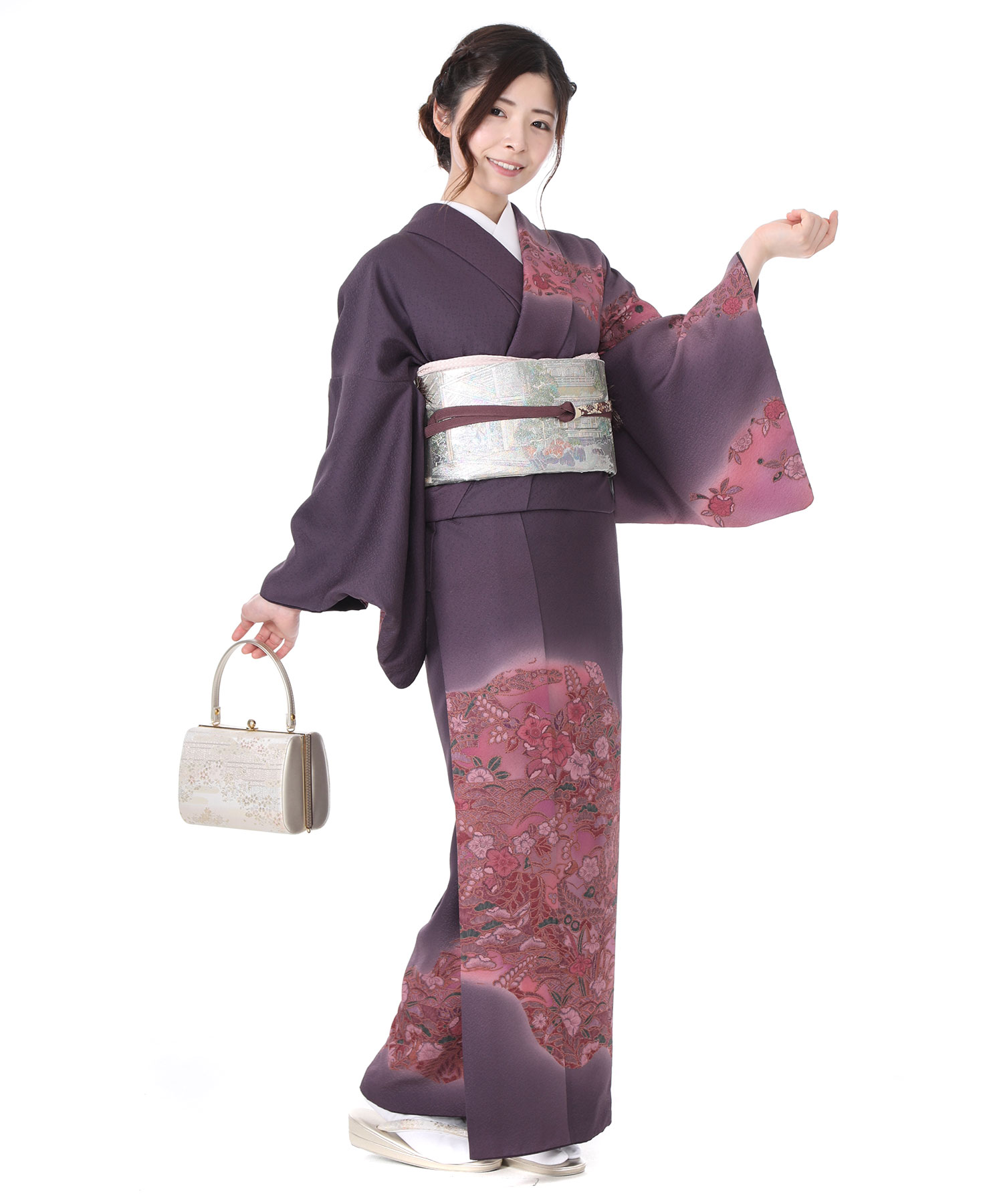 訪問着レンタル｜ダークパープルにぼかし四季草花｜H0035｜M｜宅配着物
