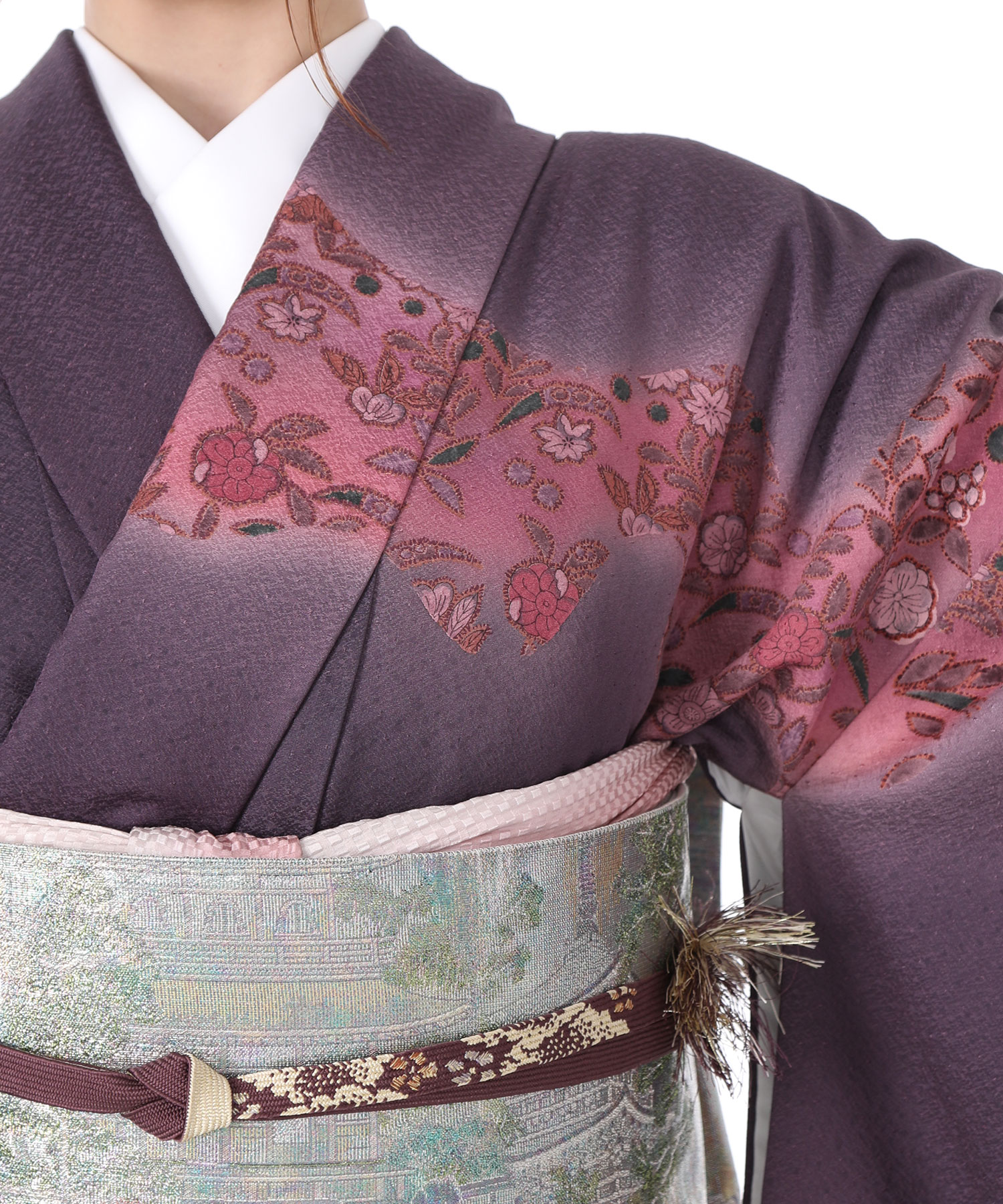 訪問着レンタル｜ダークパープルにぼかし四季草花｜H0035｜M｜宅配着物