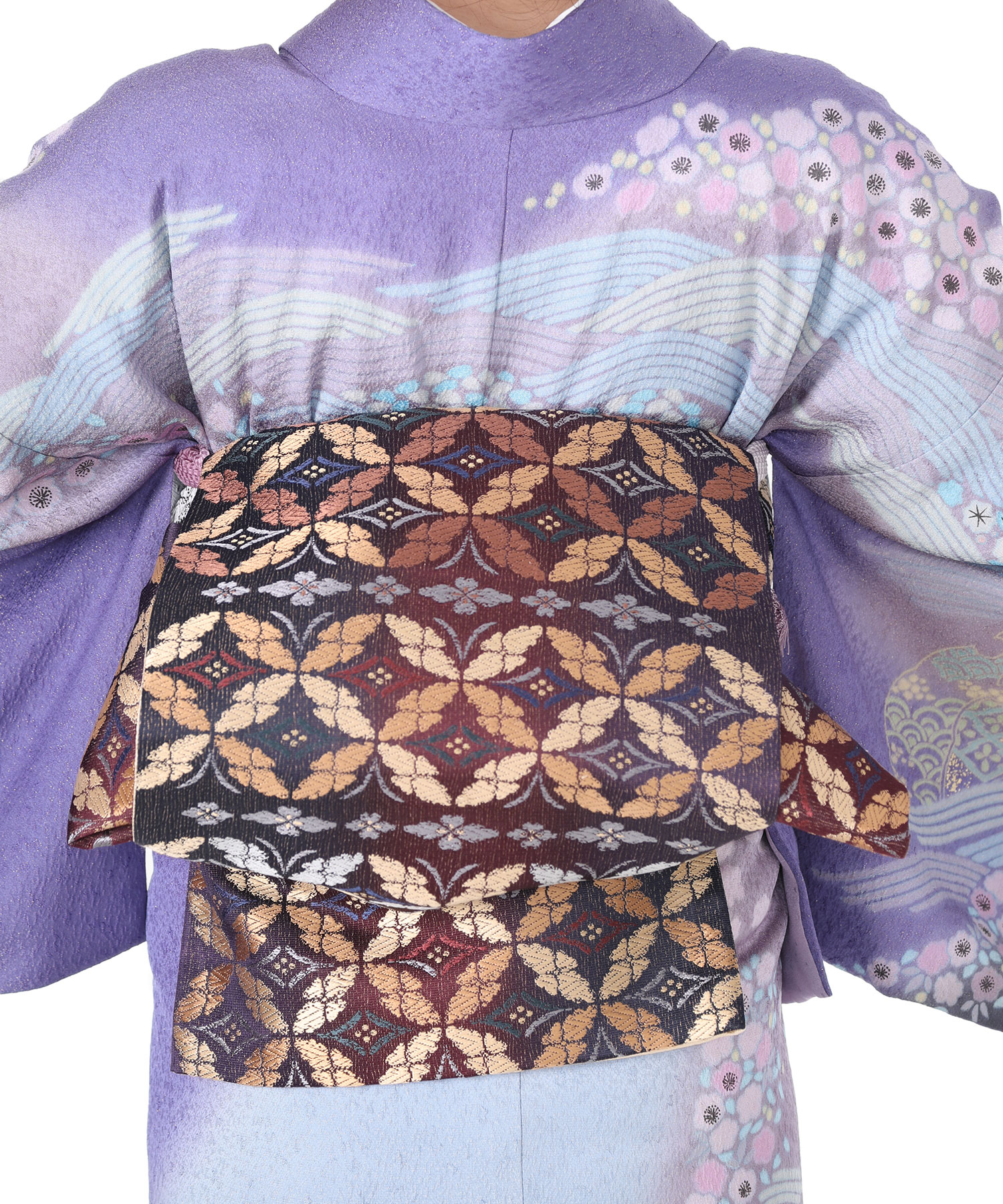 オシャレ！網目透かし柄　黒✖️焦げ茶　紫色内側　着物 楽天市場】洗える着物 訪問着 付下げ 附下 袷せ ちりめん 紫 南天柄