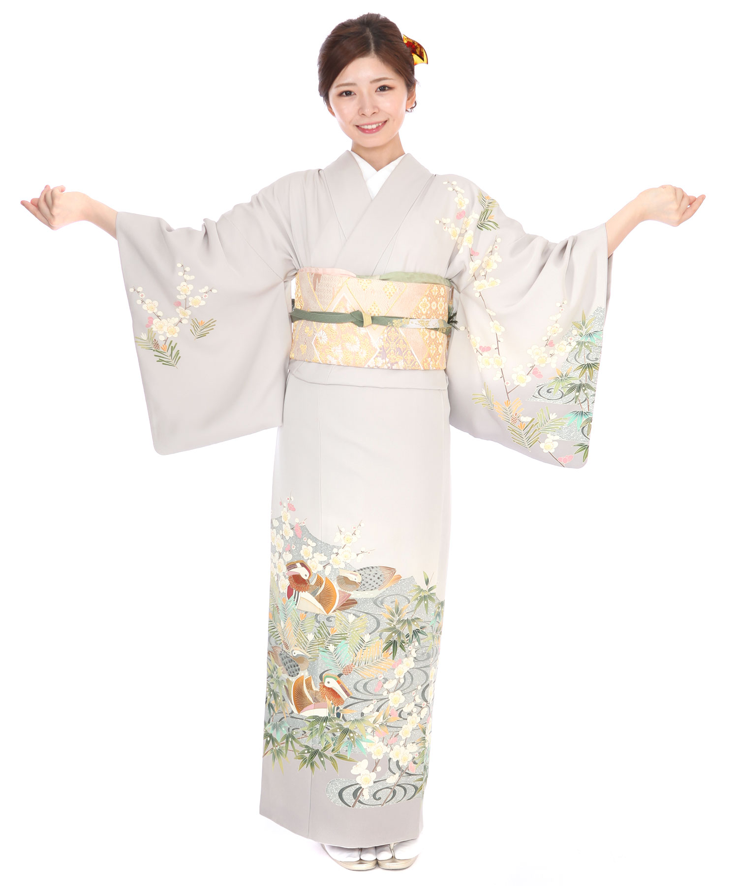 430 訪問着フルセット 正絹 グレー ホワイト 白 オレンジ 橙 手描き 上品 訪問着レンタル｜白花色に鴛鴦と流水｜H0047｜M｜宅配着物