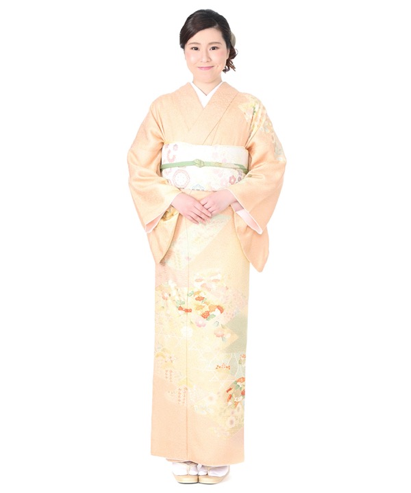 訪問着レンタル｜薄オレンジに籠目と扇面｜H0093｜L｜宅配着物レンタル