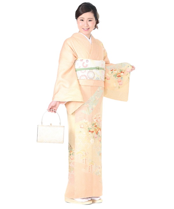 【美品】正絹 絞り小紋 扇文様 オレンジ黒 帯セット 十三参り 観劇 お出かけ H0093_07.jpg