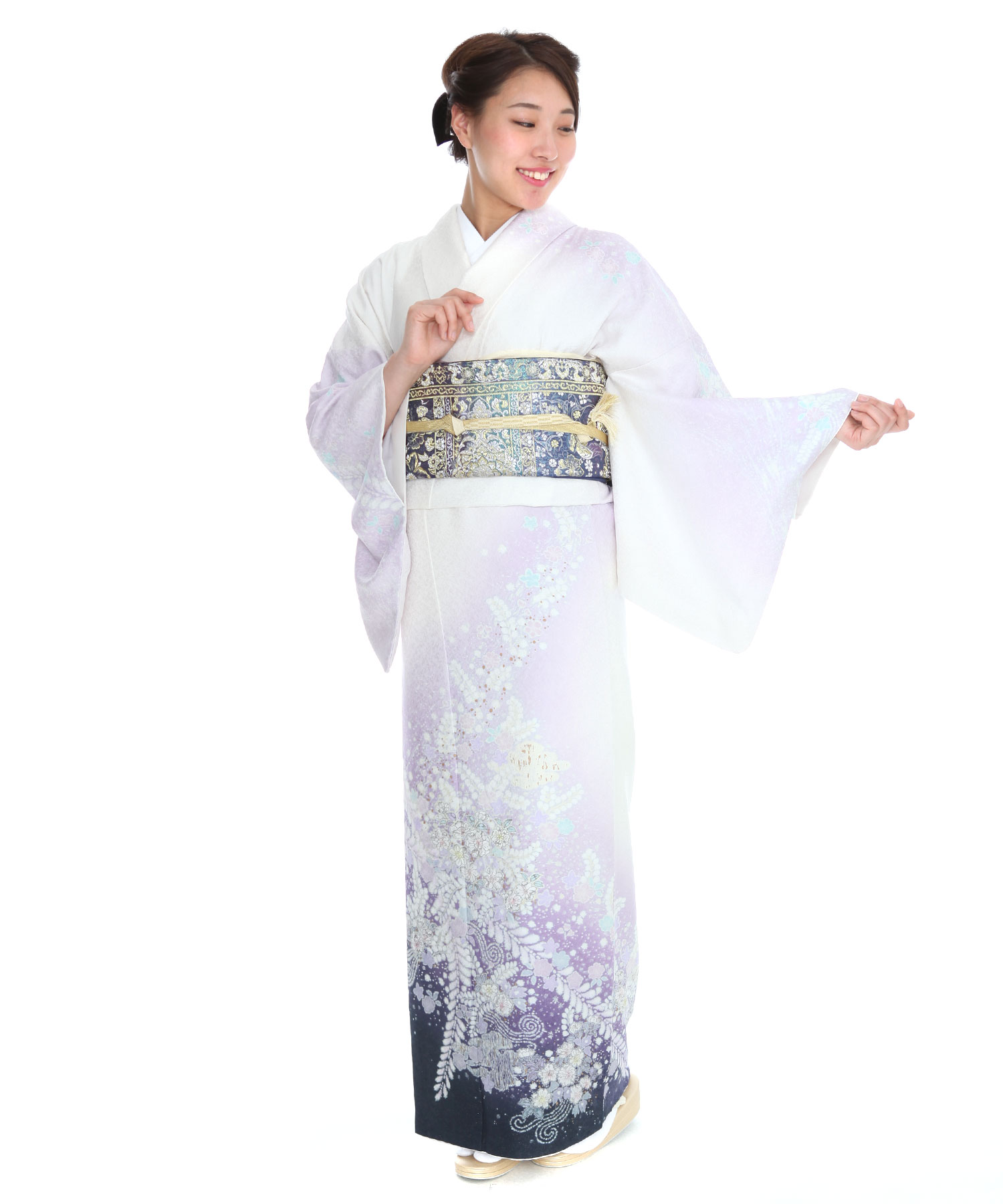 訪問着レンタル｜白地に紫色ぼかし辻が花｜H0126｜L｜宅配着物