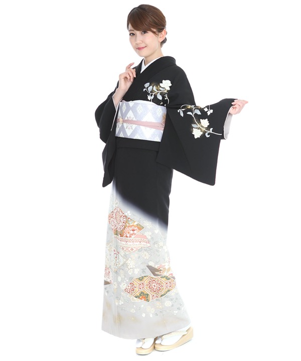 訪問着レンタル｜黒地にグレーのぼかし唐花に鴛鴦 ｜H0133｜L｜宅配