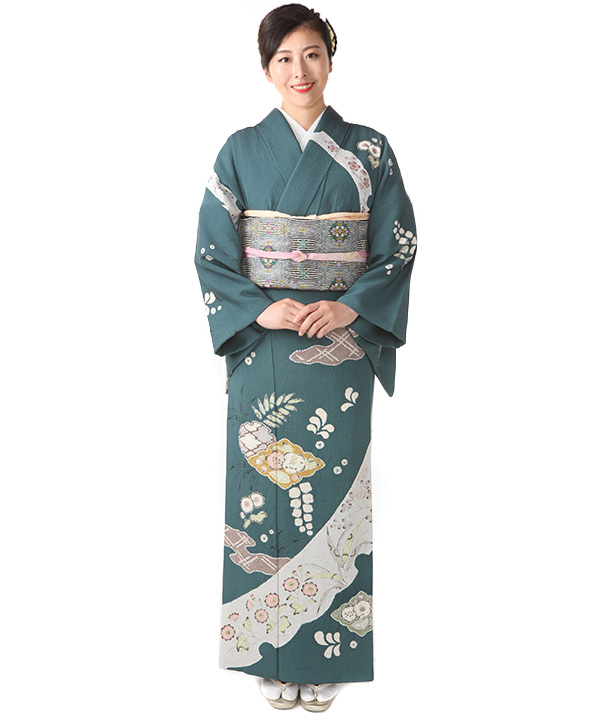 訪問着レンタル｜御召茶に雪輪取り辻が花｜H0153｜L｜宅配着物レンタル