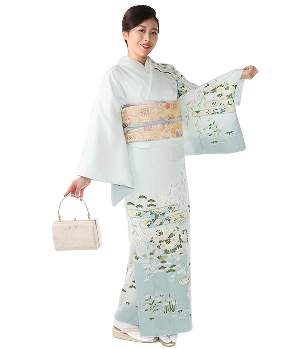 訪問着｜青白磁にヱ霞と四季草花｜H0204｜M｜宅配着物レンタル｜きもの 
