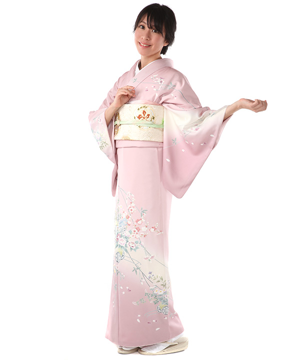 訪問着レンタル｜淡紅色に花車｜H0206｜M｜宅配着物レンタル｜きもの