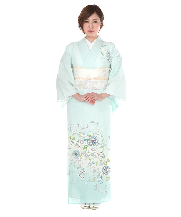 D124 夏着物　訪問着　刺繍　唐花　ブルー　絽　ポリエステル　極美品 D124 夏着物 訪問着 刺繍 唐花 ブルー 絽 ポリエステル 極美品