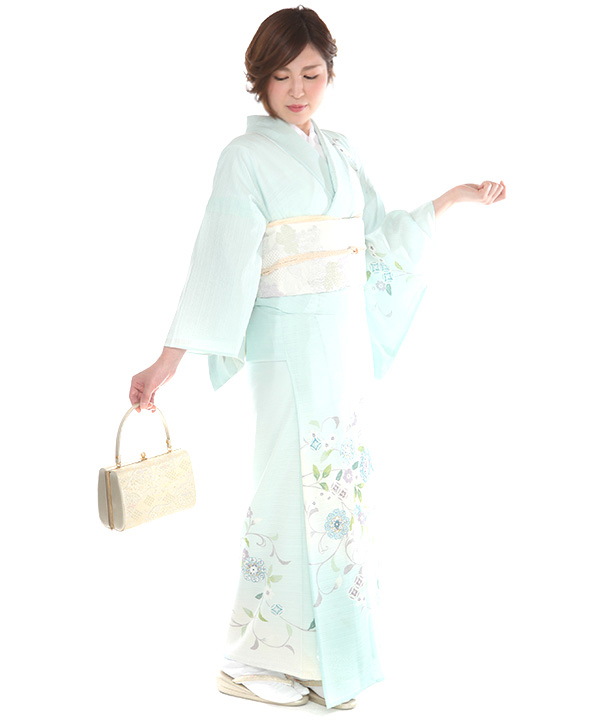 シックな花模様 青色 シルエット 正絹 薄物 夏用 絽 紗 訪問着 着物 12 シックな花模様 青色 シルエット 正絹 薄物 夏用 絽 紗 訪問着
