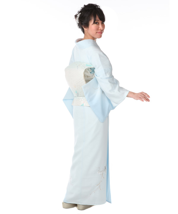 夏着物＊付下げ 絽 紅白菖蒲の花模様 青色 正絹 舞台衣装にも＊6SA12 夏着物＊付下げ 絽 紅白菖蒲の花模様 青色 正絹 舞台衣装にも