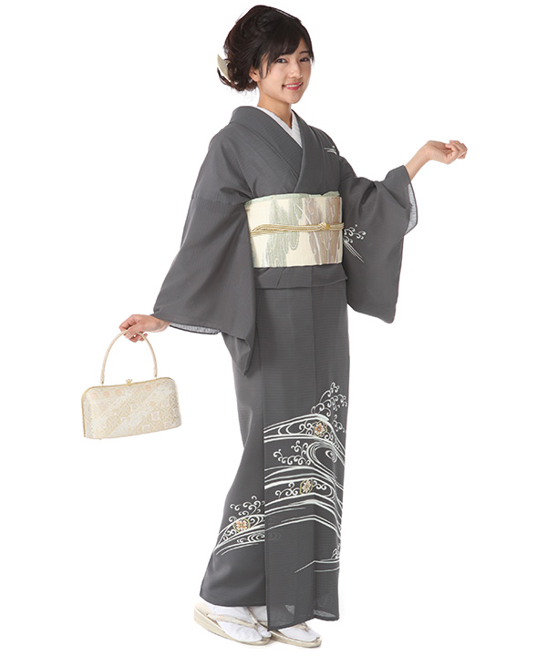 付け下げ　夏用　絽　能面　玉手箱　大喜利　流線　グレー　着物　043a d H0229M_07.jpg
