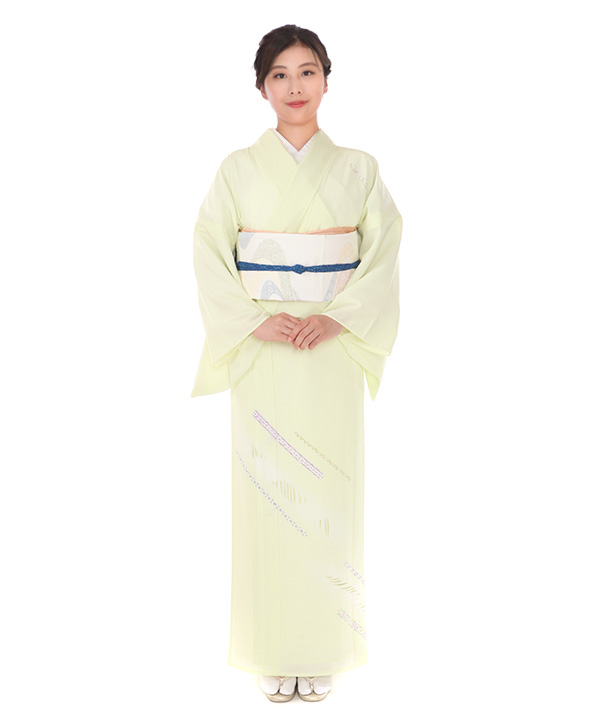 絽 付下レンタル（夏用）｜淡い黄緑色に短冊｜H0315｜L｜宅配着物