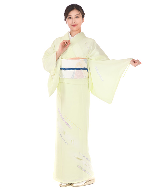 絽 付下レンタル（夏用）｜淡い黄緑色に短冊｜H0315｜L｜宅配