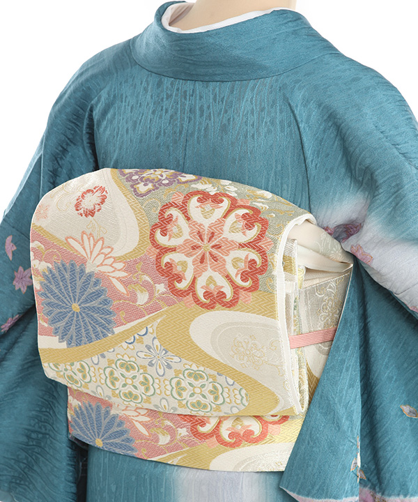 【メグモグ　】訪問着　薄浅葱色　ライトブルー系　身丈163cm 四季草花 未使用品】訪問着 友禅 四季花 色紙取り ライトブルー 美品 正絹