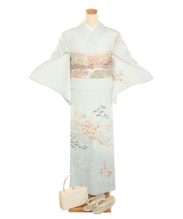 訪問着レンタル｜水色に四季草花｜H5017｜M｜宅配着物レンタル｜きもの