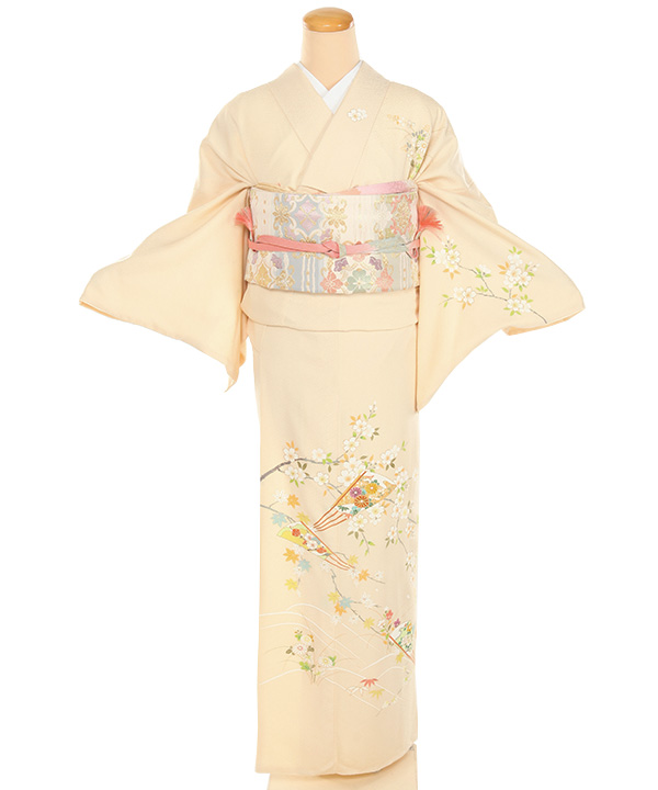 訪問着レンタル｜クリームに桜扇子