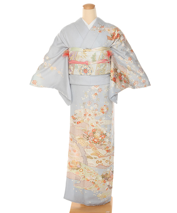 訪問着レンタル｜水色に雲取り四季草花｜H5032｜M｜宅配着物レンタル