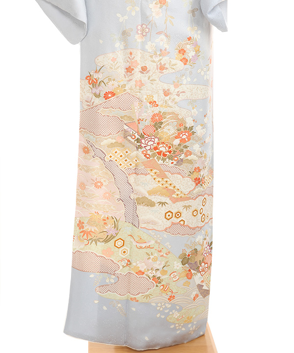 訪問着レンタル｜水色に雲取り四季草花｜H5032｜M｜宅配着物レンタル