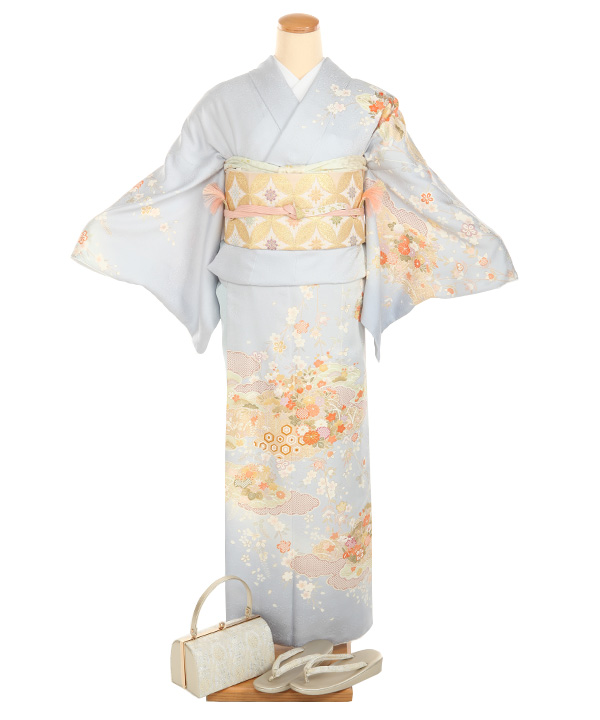 訪問着 赤 ピンク 雲模様 花柄 花丸と雲取り＊椿 牡丹 梅 菊 赤 ピンク イエロー グリーン 花