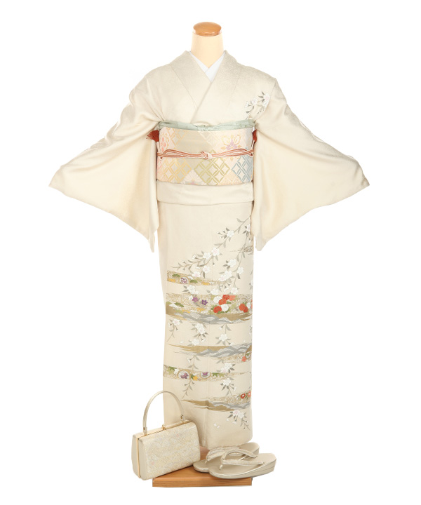 訪問着レンタル｜クリームに霞四季草花