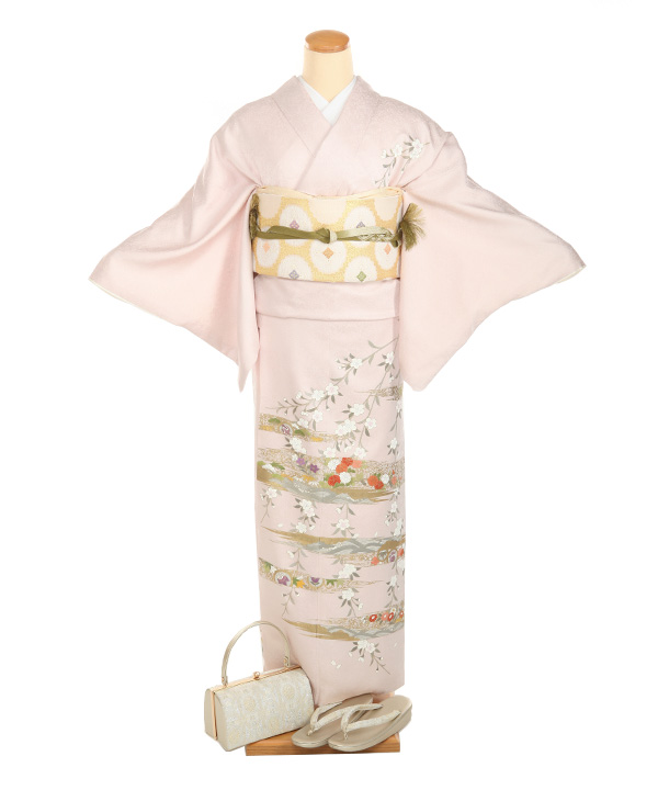訪問着レンタル｜ピンクに霞四季草花｜H5038｜M｜宅配着物レンタル