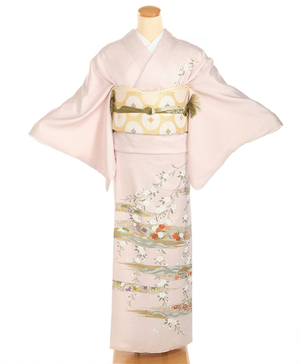 訪問着レンタル｜ピンクに霞四季草花