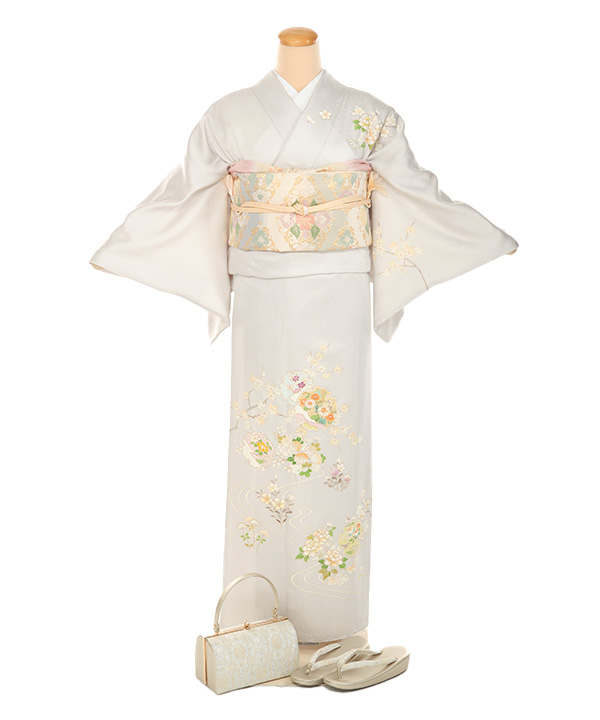 着物 訪問着 袷 刺繍 雪輪に牡丹 四季花 155cm前後 訪問着 袷 刺繍