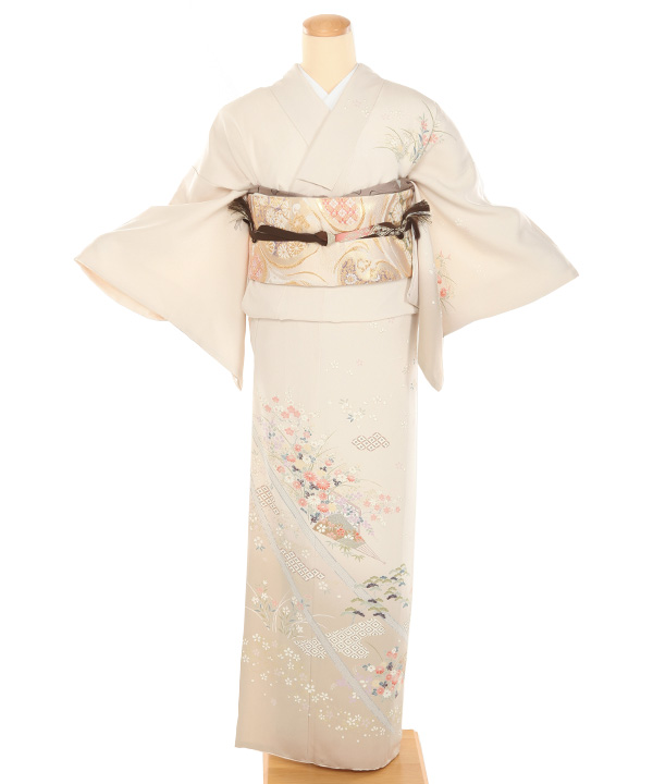 訪問着レンタル｜クリームに扇子七宝 四季草花