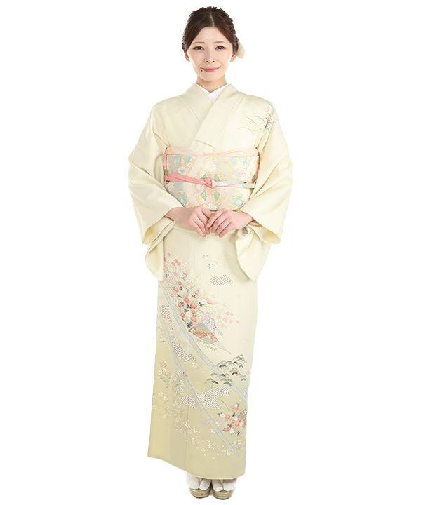 訪問着｜薄黄色に扇子七宝 四季草花｜H5048｜M