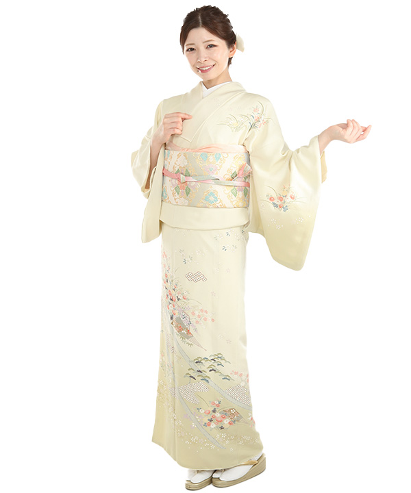 訪問着レンタル｜薄黄色に扇子七宝 四季草花｜H5048｜M｜宅配