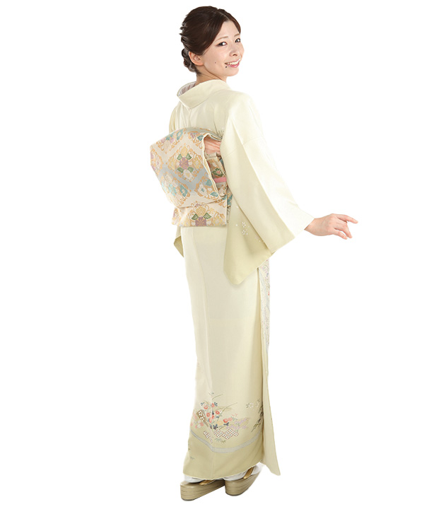 訪問着レンタル｜薄黄色に扇子七宝 四季草花｜H5048｜M｜宅配着物